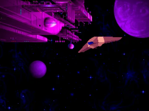 
											Introduction: a swank 3D rendered ship flies out of a nifty hand-drawn sprite capitol ship