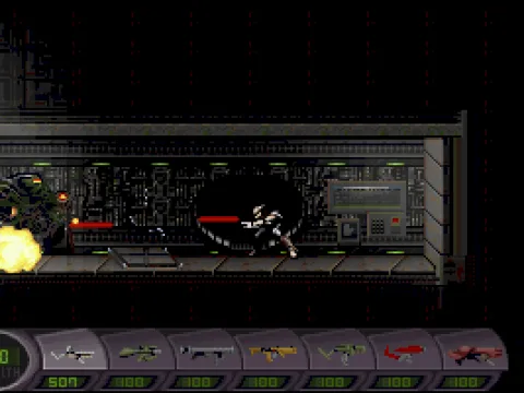 
											Firing at a large robot, one of the few enemies in the game besides the omni-present ants/aliens