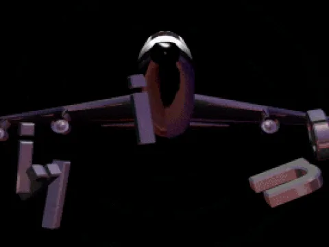 
											Intro continued: a jumbo jet crashes into the letters