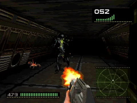 
											Eliminating an alien with the pulse rifle.