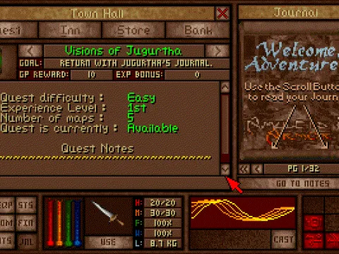 
											The mission screen. You can choose the mission you want to go on next, buy and sell items such as enchanted rings and axes of mayhem at the store, and rest at the inn.
