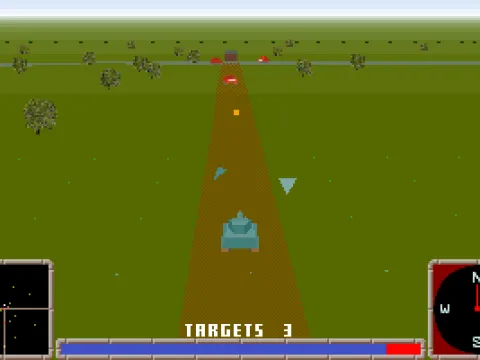 
											An early level in which three enemy tanks attack from the cross roads. Only one comes down the road and thai one is slightly out of the line of fire. Here its just hit my tank - hence the flying debri