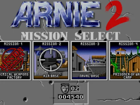 
											Title & Mission selection screen. You may take the missions in any order.