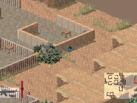 
											Checking out the map while crouching behind a wall. The faint red squares to the left indicate the direction the sounds from unseen guards are coming from.