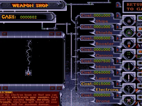 
											Cash earned in the levels can be spent on weapon and ship upgrades in the shop.