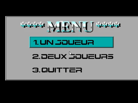 
											The menu screen with options for one player, two players or exit