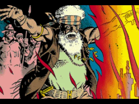 
											CD-ROM intro: Dave Gibbons illustrates the shaman leading the shantytown in which Foster was raised