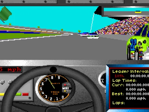 
											Cockpit view, with infobox. The game includes Buicks, Oldsmobiles and Mercurys, because they all were a part of NASCAR in 1991.