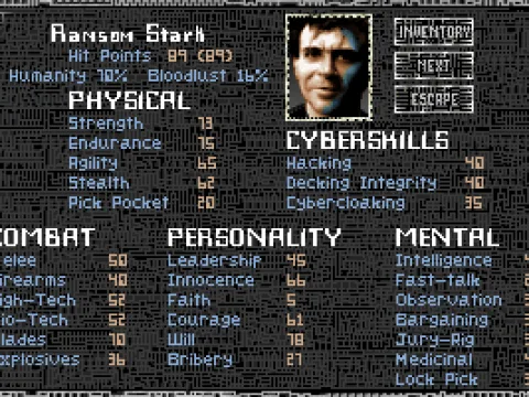 
											The character screen -- lots of talents, most of them useless.