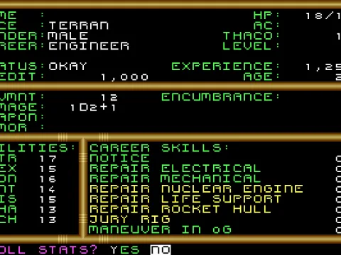 
											Character creation: Standard AD&D protocol - Select race, class, reroll stats, distribute skill points, etc.