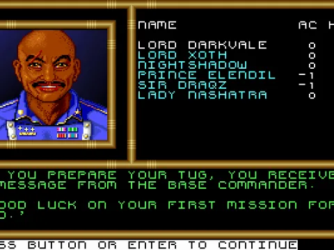 
											This is your commanding officer, waving you farewell on your first mission. Later on, you will report to him for every mission.