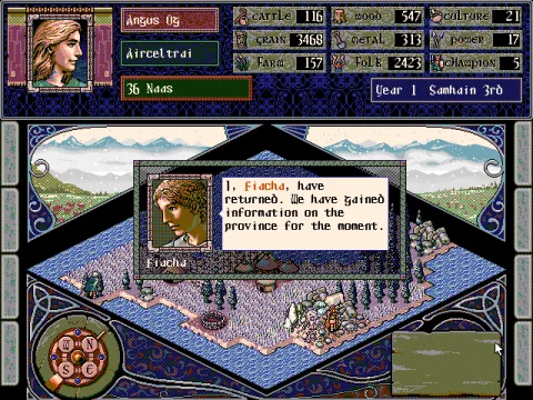 
											Fiacha returns from scouting. Exploration is key early on, as you will want to find good land for minimal effort.