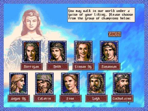 
											Name your Irishman. The leader selection screen. Historians of early Irish lore will find some recognizable names here.