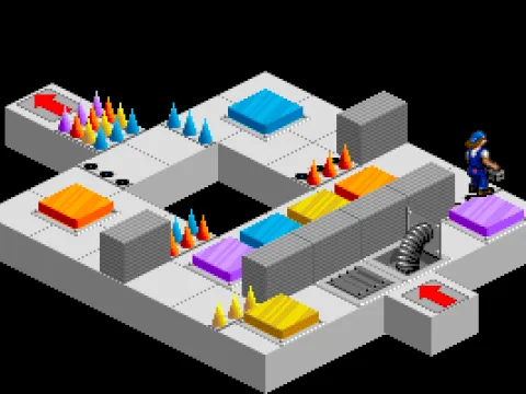 
											One of the first puzzles: Buttons trigger barriers of the same color.