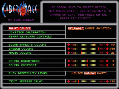 
											Options screen