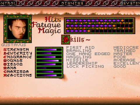 
											Character sheet. Different characters may have different abilities (shown at the right)
