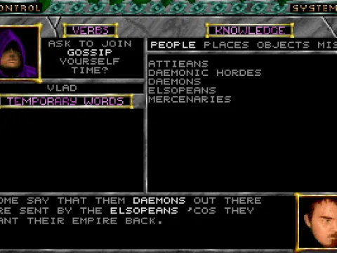 
											Conversing with the local populace. Key words are highlighted and if clicked, they will be automatically stored for future reference.