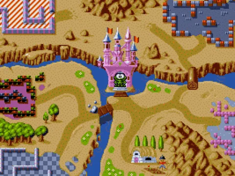 
											The kingdom map: Your hut, king's castle, and five different worlds to complete...