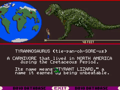 
											Info screen; the picture of the T-Rex continuously morphs between the creature's supposed look and its skeleton.