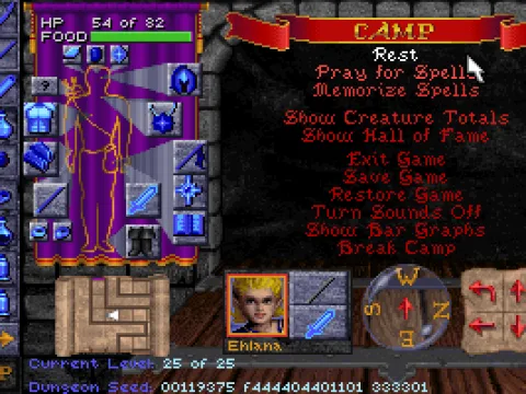 
											The in-game menu.  Here, beside the menu options themselves, you can organize your inventory while safe from monsters.