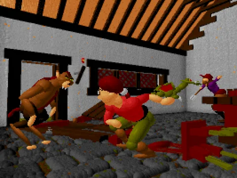 
											A villager and a dragon fight while the hero takes on the werewolf