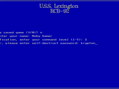 
											Just before the game is launched the player enters their identity, skill level and a self destruct code