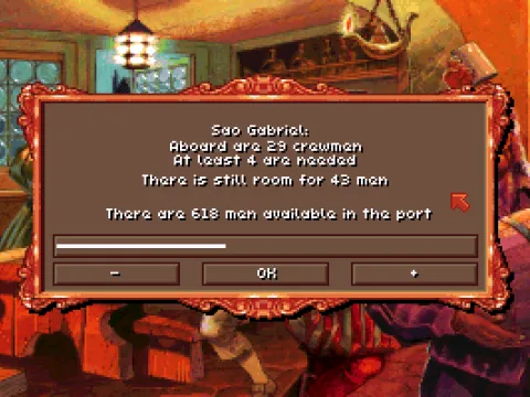 
											Hire men at the Pub to crew your ship