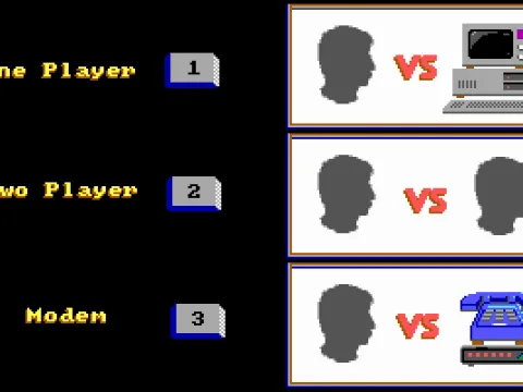 
											Select your mode of play, the game even supports multiplayer by modem (EGA)