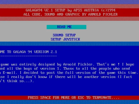 
											The game uses a custom setup screen to set up the sound and the joystick