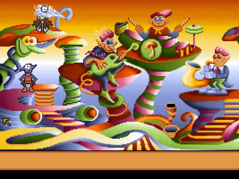 
											A Dream: Many locations are colourful and more than a little strange. In this screen the two heroes have to get the musicians to play their tunes and then catch the melody with a flycatcher.