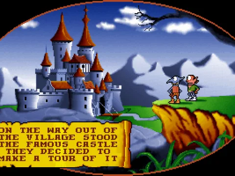 
											Cutscene: Between levels, such screen advance the truly irrelevant story. Here our heroes decide to visit the besieged castle.