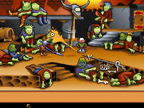 
											Inside the Castle: Most of the puzzles must be solved by cooperation of the two characters. While Fingus distracts the Guard by jumping on a tube of mayonnaise, Winkle can snatch his sword.