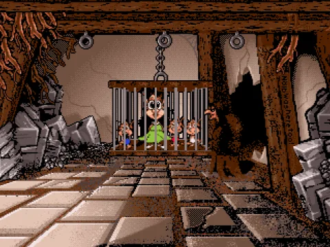 
											Each minigame starts with a scene where the witch is gloating over Hugo's family being her prisoners, and taunting the player.