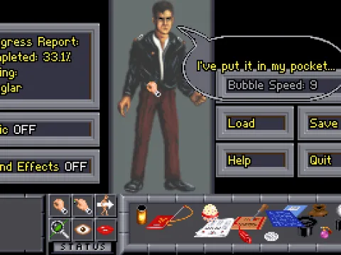 
											The status screen. Jack may hide items in his jacket.