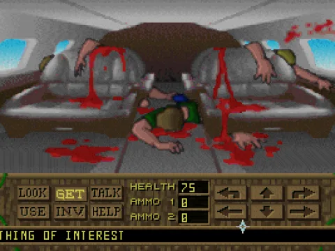 
											Point and click view - crash site (look for weapons here).