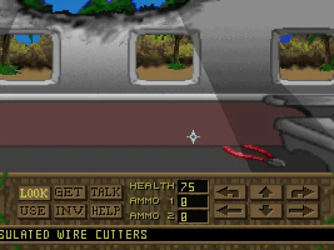 
											Your first look at the point & click system: Inside the crash-landed plane, looking for any items.