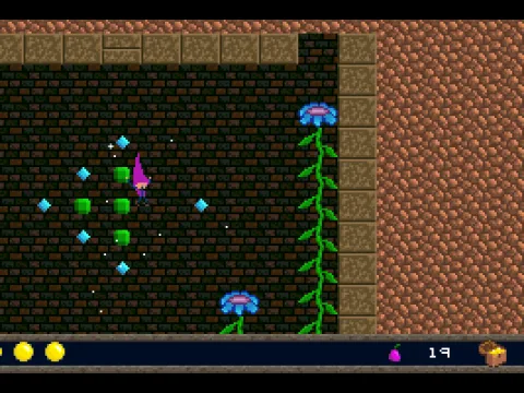 
											These blue flowers act as trampolines, allowing Jasper to jump higher. Much of the gameplay involves carefully timed jumps.