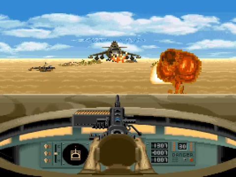 
											Encountering the assault helicopter in tank's rear gun view