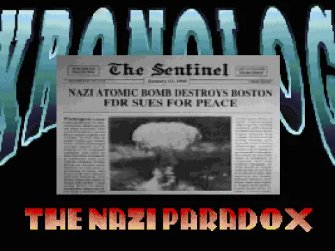 
											Title screen (with a collection of papers explaining the game's chronology)