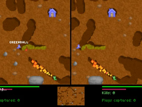 
											The green player burns his way through the dirt with a flamer