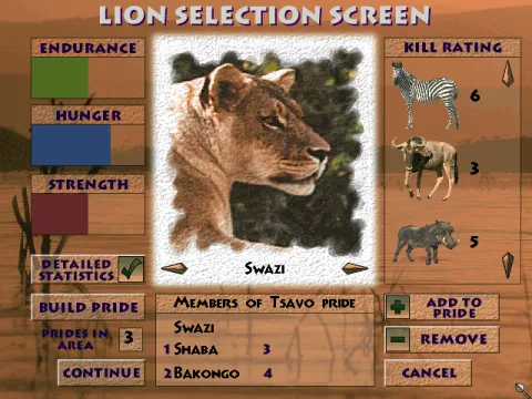 
											Simulation mode - lion selection screen