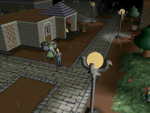 
											The game's world is populated by funny, exotic creatures. Talking with Bob near the shop. Check out the weather effects!..