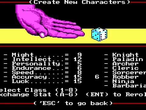 
											Creating your character. You can re-roll stats and also switch between them as much as you want. Choose the class afterwards