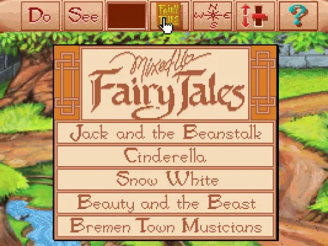
											Story menu - you will have to match characters to their tales through this screen. (MCGA/VGA)