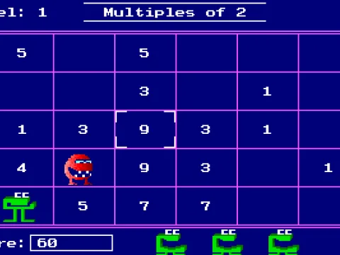
											Munch numbers that fit the multiples displayed at the top.  Make sure you don't get munched by the monster though.