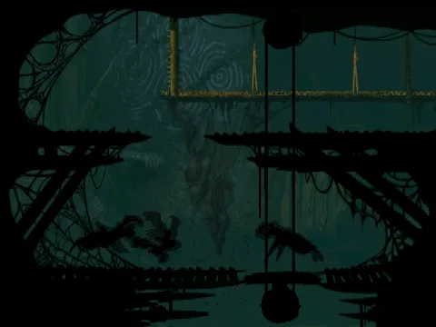 
											Paramonian Nests, one of the most adrenaline-raising areas in the game - all done in shadowy graphics. Here you see two Paramites tear Abe apart