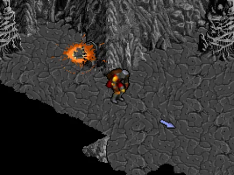 
											An example of the new action-oriented gameplay: captured Avatar jumping just as the flaming arrow explodes behind him