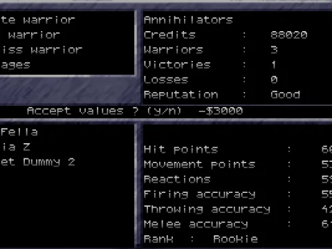 
											About to hire a new warrior. The stats for each candidate are rolled randomly. The trick is that dismissing a candidate will cost as much as hiring him/her.