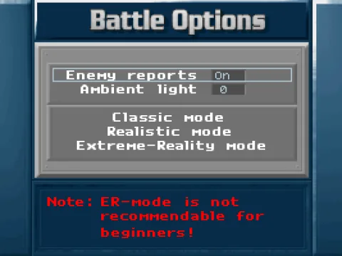
											Before a battle is started some of the options can be adjusted here. The game modes determine how much of the battlefield will be visible outside the player's warriors' line of sight.
