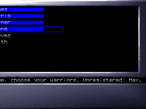 
											It is possible to pick any number of warriors for a battle, up to 10 in the shareware version, or 20 in the registered version.